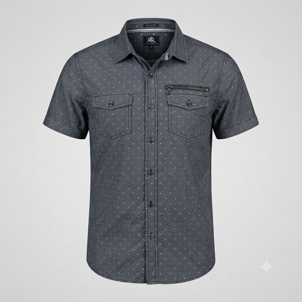 Rock & Republic Men's Short Sleeve Button Down Shirt Size Medium – Grey Pattern